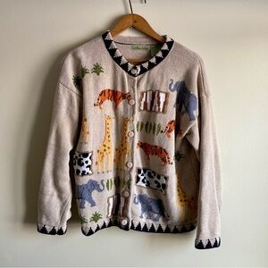Vintage Embroidered Safari Animals Button-Up Cardigan Linen Cotton